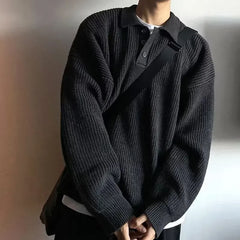 Laid-back Japanese Style Polo Neck Knitwear Hoodie American Retro High-End Crew Neck Pullover Student Top