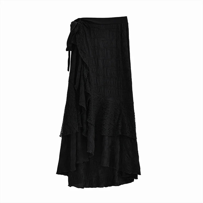 Y2K Black Long Skirt Harajuku Gothic Lace Asymmetrical Maxi Skirts Korean Ruffles Patchwork Bandage Design Faldas
