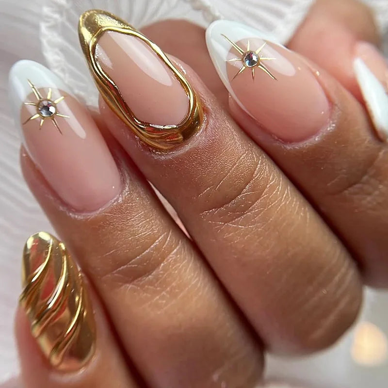 24pcs Golden Lines Patterns False Nails Dark Purple Blush French Fake Nails