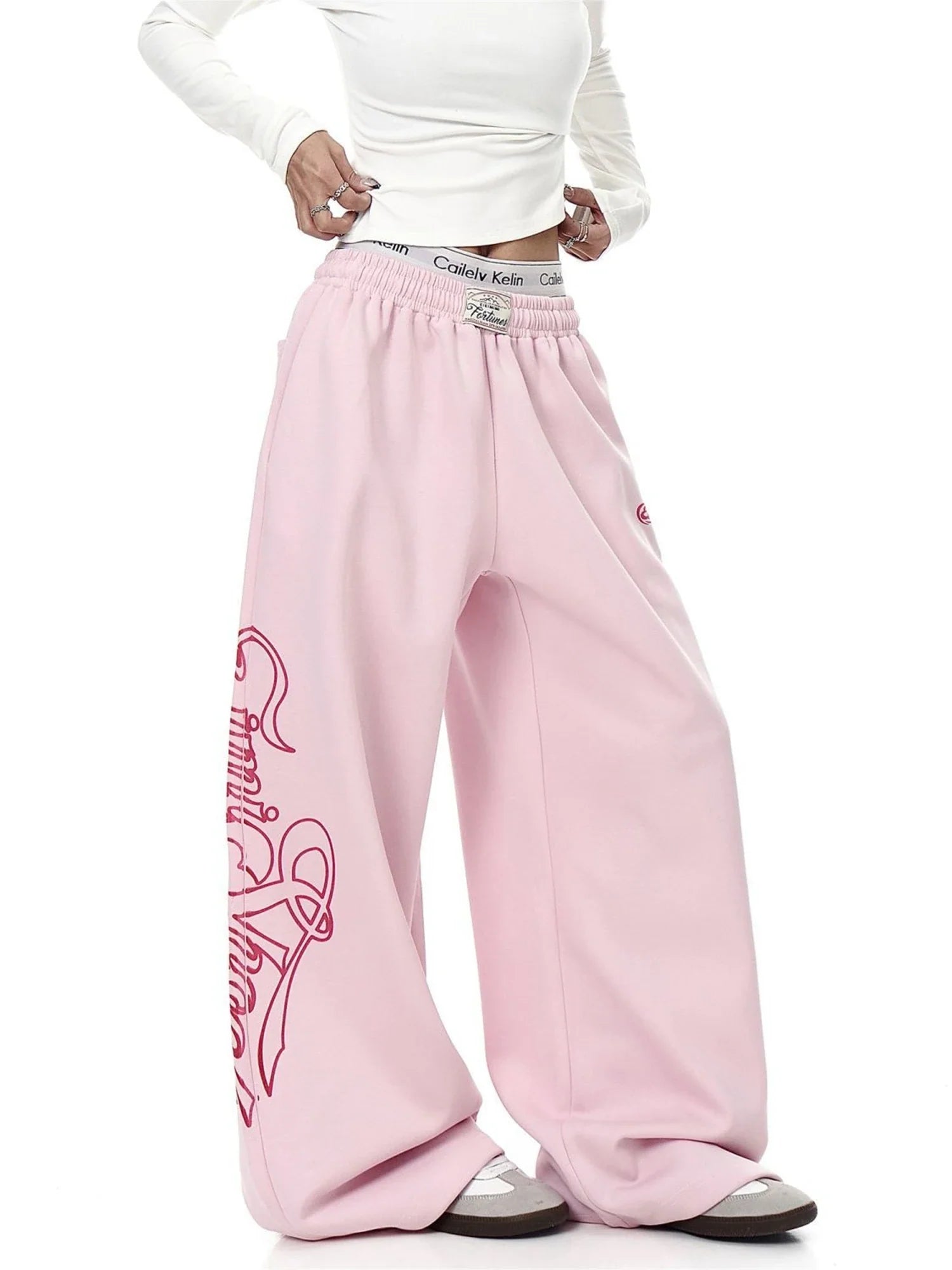 Pink Wide Leg Sweatpants Letter Print Drawstring Waist Casual Streetwear Trousers