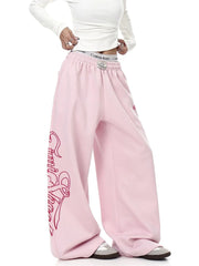 Pink Wide Leg Sweatpants Letter Print Drawstring Waist Casual Streetwear Trousers