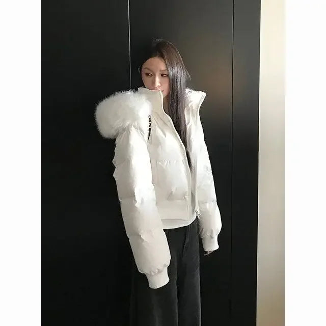 Solid Color Fur Collar Zipper Parka Jacketable Simple Trendy Zipper Short Jacket Harajuku Y2k Zipper Short Jacket