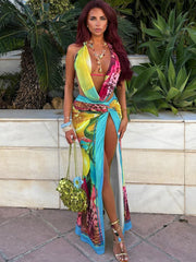 Weird Puss Colorful Leopard 2 Piece Set Y2K Beach Vacation Halter Tank Tops+Wrapped Maxi Skirts Matching Vacation Clubwear