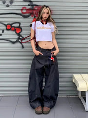 American Letter Embroidery Stitching Old Baggy Jeans Y2K Harajuku High Waist Wide Leg Trousers