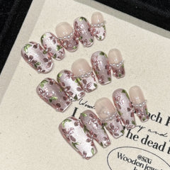 10pcs Handmade Press On Nails Hand-painted Flower Glossy Purple Cat's Eye False Nails Pearl Decor French Style Fake Nail