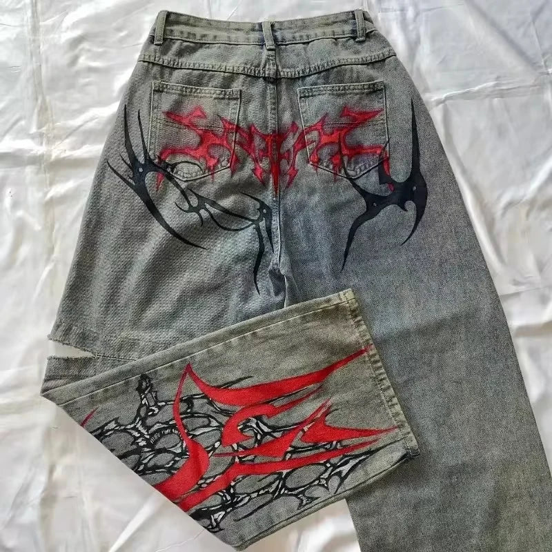 American Hip Hop Retro Gothic Print Jeans Y2K Street Selling Loose Straight Wide Leg Pants Unisex Joker Jeans