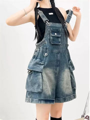 American Vintage Denim Overalls Wide Leg Jumpsuit Slim Fit Loose Design Youthful Style Short Romper