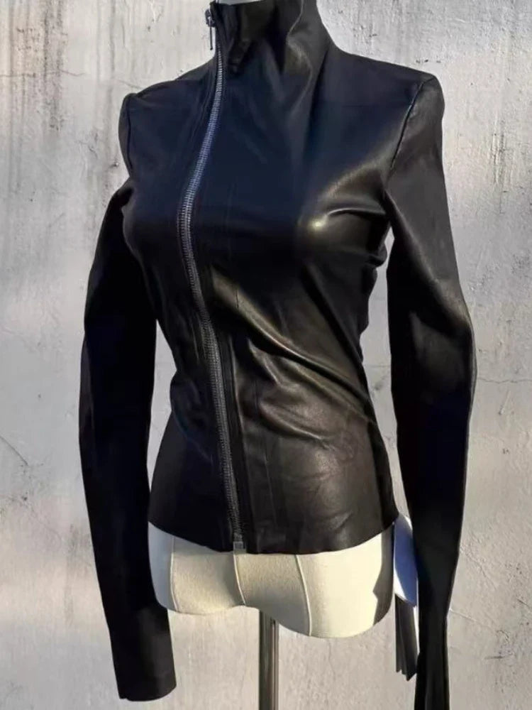 Black Slim Long Sleeve Girl Leather Jacket Darkly Gothic Zipper Thin Skinny Coat Hepburn Y2k Vintage Clothes