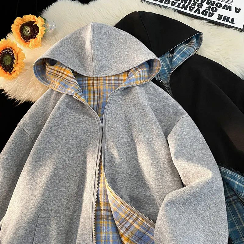 Reversible Sweatshirt Hooded Cardigan Tide Couple Model Hooded Sweatshirt Plaid Jacket Unisex Hoodies