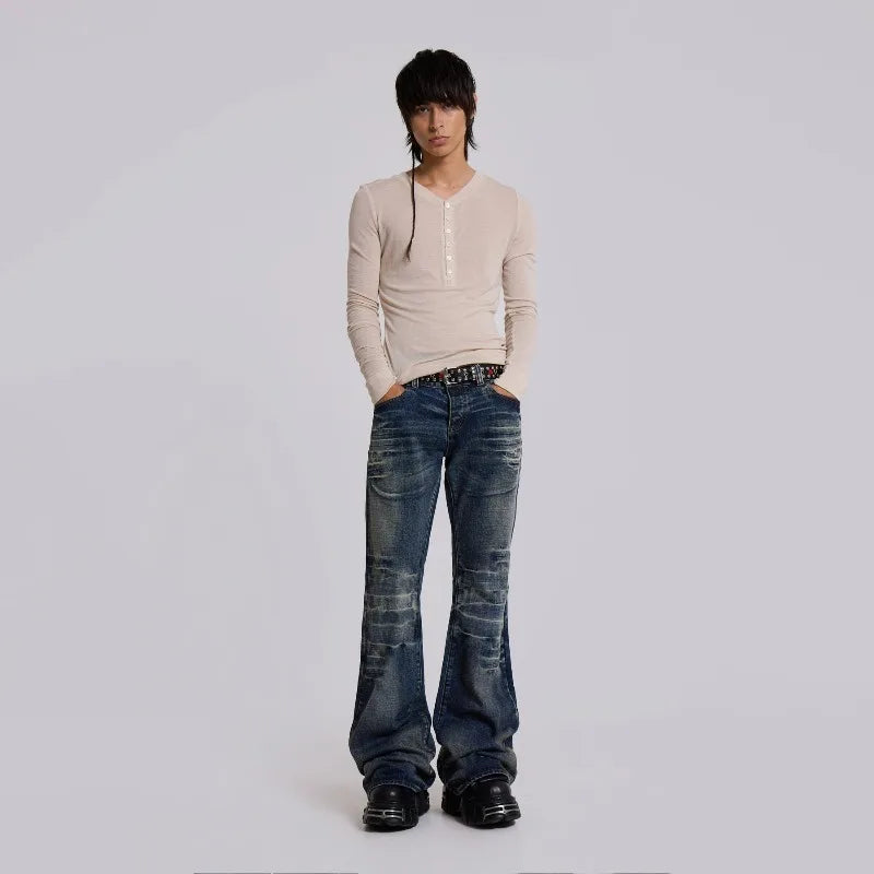 Y2K Mid Blue Flared Jeans Vintage Washed Bootcut Jeans Gothic High Street Unisex Streetwear Retro Baggy wide leg Pants