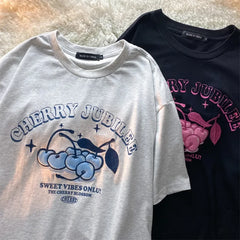 Cartoon Cherry Print Loose Fit Short Sleeve T-Shirt Polyester Crew Neck Top Sweet Lazy Couple Shirt Trendy