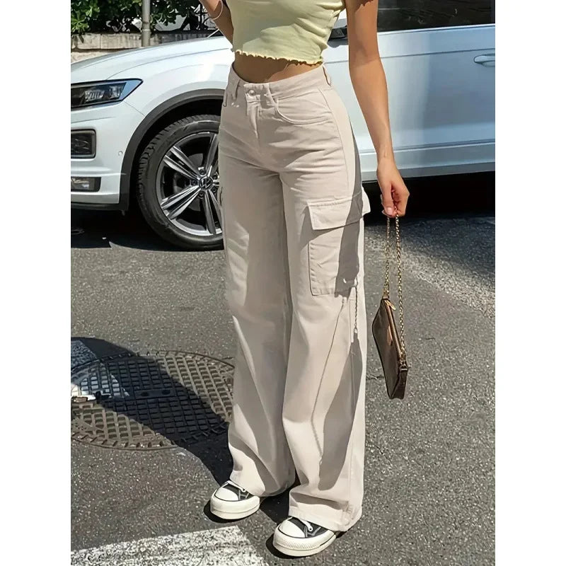 Straight Leg Jeans Casual High Waist Street Style Pocket Workwear Loose Long Trousers Pants