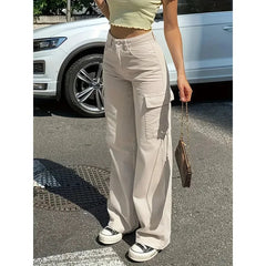Straight Leg Jeans Casual High Waist Street Style Pocket Workwear Loose Long Trousers Pants