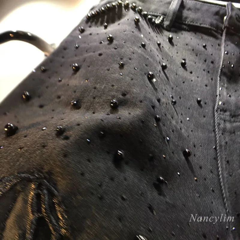 European Hollow Lace Jeans Black Lace Denim Pants Heavy Industry Beads Diamond Denim Splicing Crochet