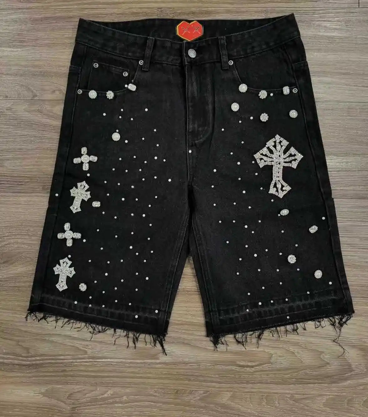Y2K Distressed Diamond Tassel Blue Short Jeans Ripped Loose Wide Leg Denim Shorts Korean Casual Shorts