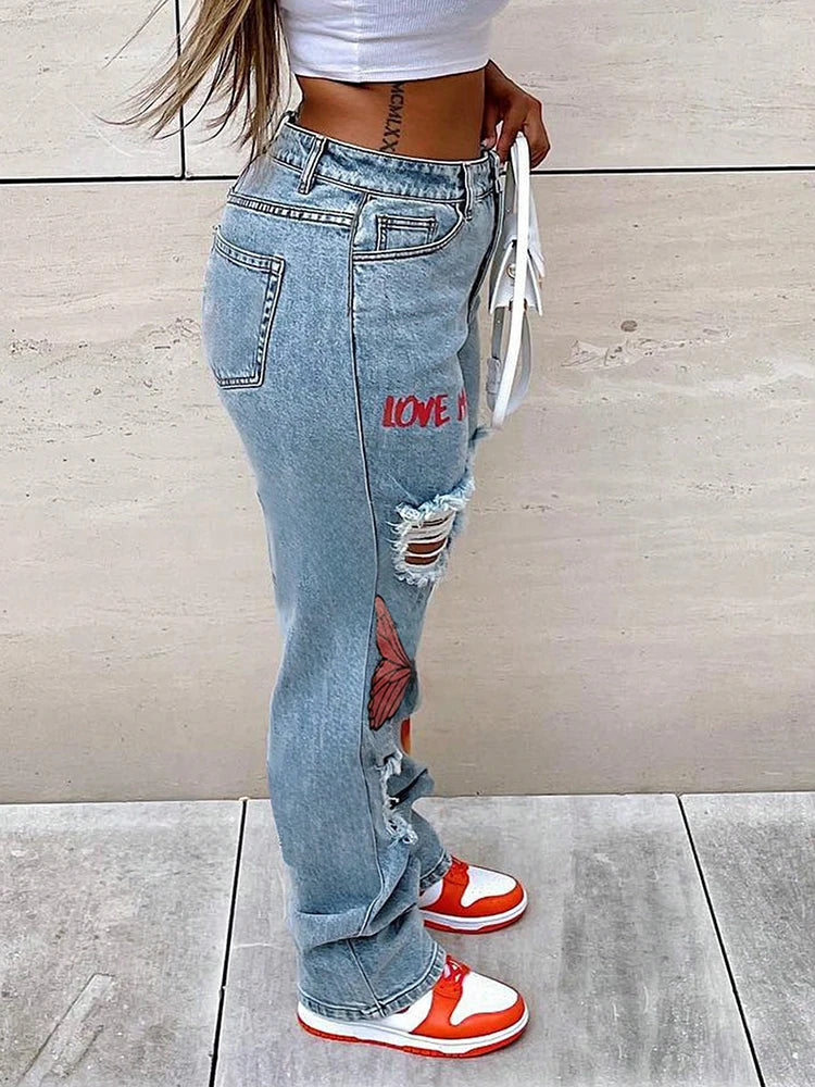 Design Clothing Denim Pants Butterfly Print Ripped Straight Trousers High Waist Slim Jeans Long Pants YYZZ9260