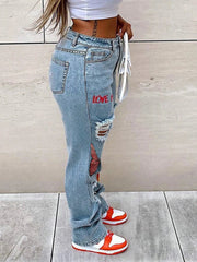 Design Clothing Denim Pants Butterfly Print Ripped Straight Trousers High Waist Slim Jeans Long Pants YYZZ9260