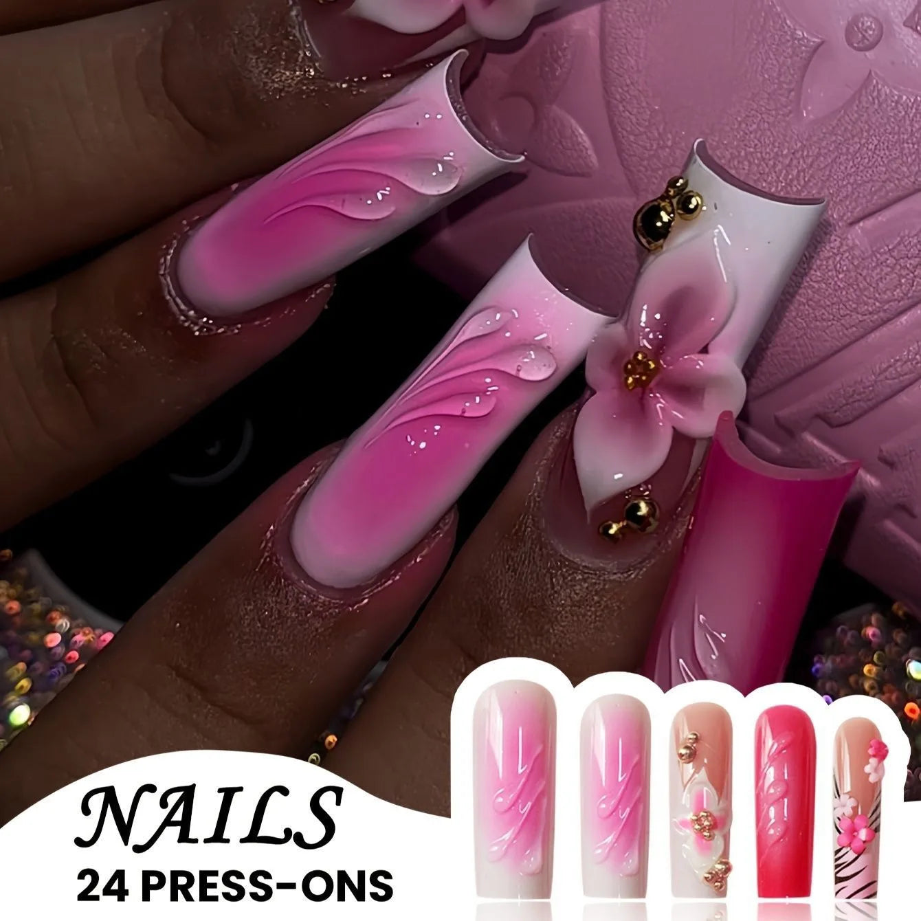 24pcs Rhinestones Full Cover Nail Art Datachable Glitter French Press on Nails Tip Flower Long Square Fake Nail Pink False Nails