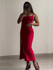 Backless Lace Up Long Dress Split Sleeveless Bodycon Party Club Evening Dresses High Street Suspender Robes