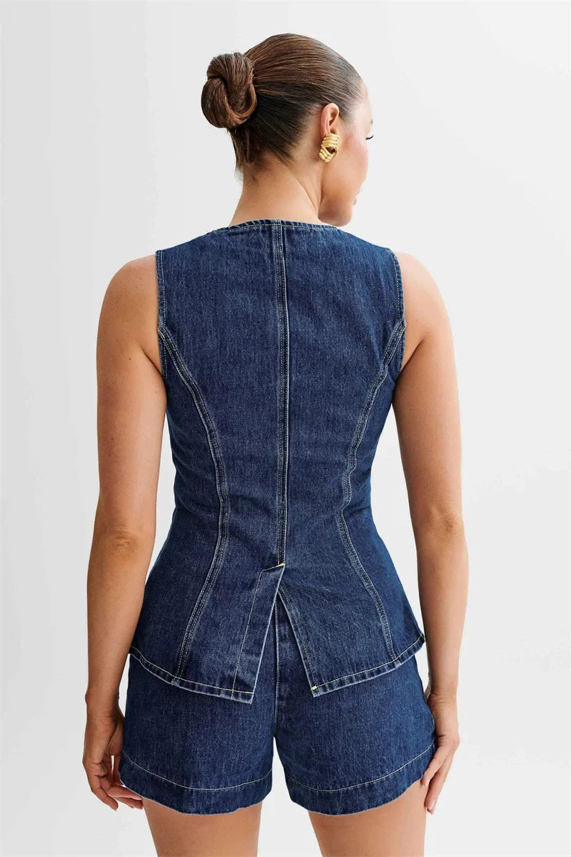 Denim Shorts Suit Sleeveless O-neck Single Breasted Split Top Vest High Waist Wide Leg Shorts Lady Sets