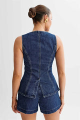 Denim Shorts Suit Sleeveless O-neck Single Breasted Split Top Vest High Waist Wide Leg Shorts Lady Sets