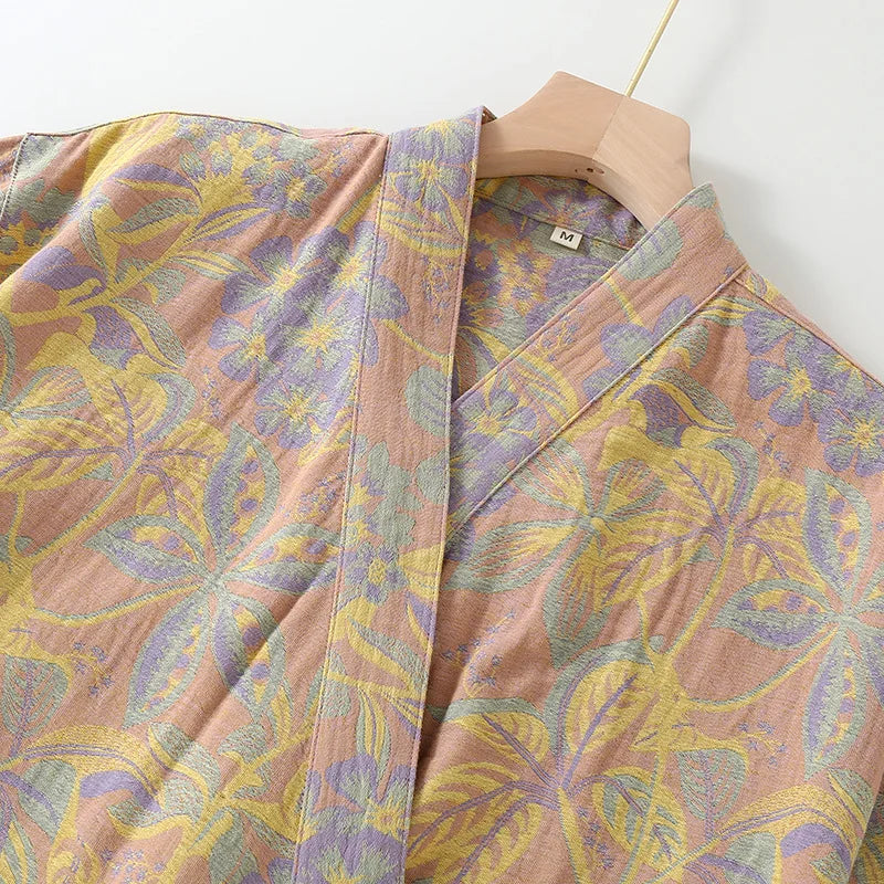 Lady Kimono Print Flower Bathrobe Gown Sweat Steaming Bathrobe Shower Peignoir Pajamas Cotton Sleepwear Loungewear