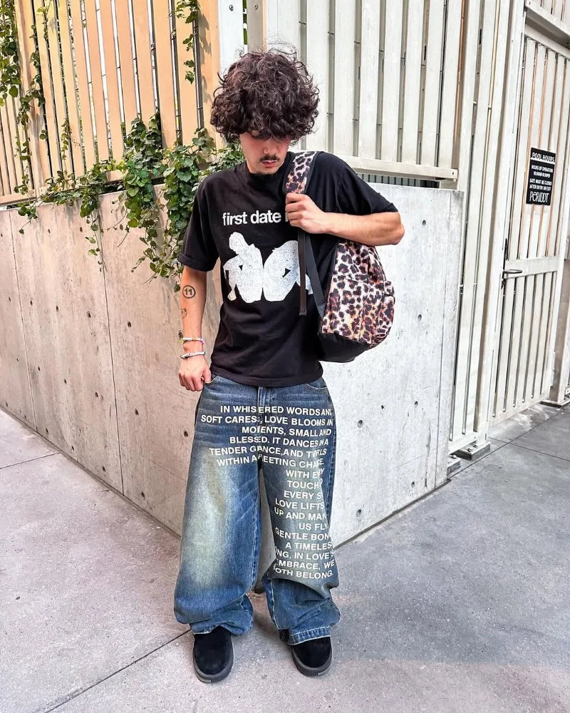 Y2K Jeans vintage American Pattern letter jeans streetwear gothic Harajuku Hip Hop Casual wide leg jeans