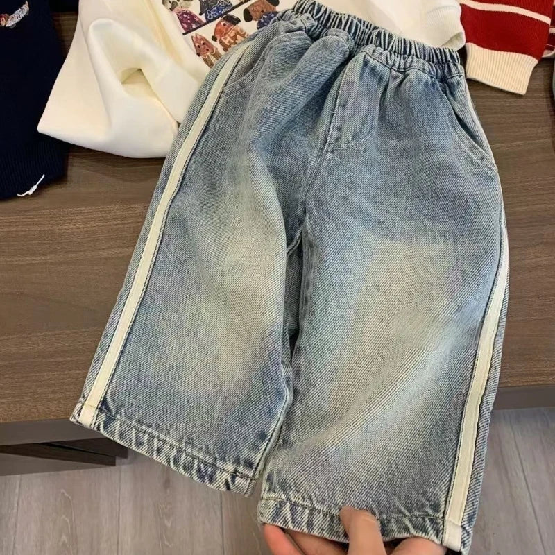 Boys Children's Denim Overalls Loose Casual Pants Girls Wide Leg Jeans Kids Straight Denim Trousers