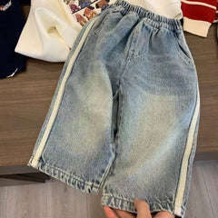 Boys Children's Denim Overalls Loose Casual Pants Girls Wide Leg Jeans Kids Straight Denim Trousers