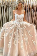 Tulle Spaghetti Straps Prom Dresses Long Lace Appliques Ball Gowns