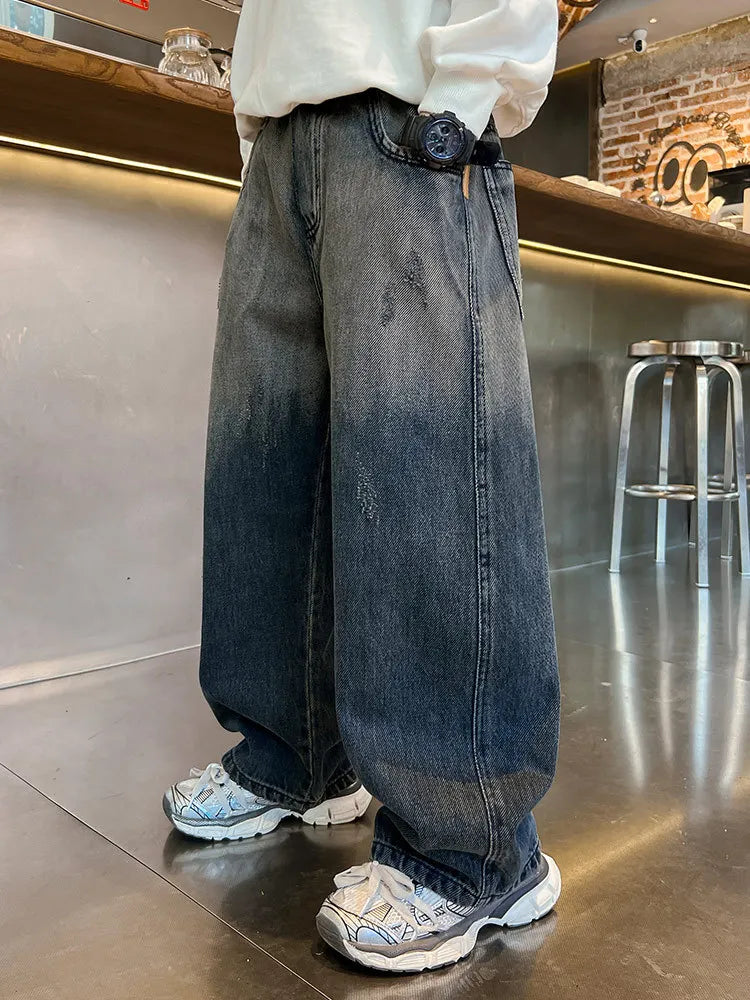Teenagers Boys Jeans Children Wide Leg Denim Pants