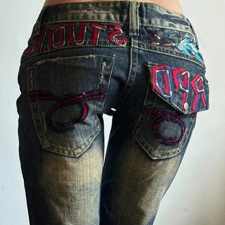 Y2k Vintage Embroidered Low Waist Jeans Blue Jeans Embroidered Diamonds Pocket Hip Hop Streetwear Harajuku Gothic Wide Pants