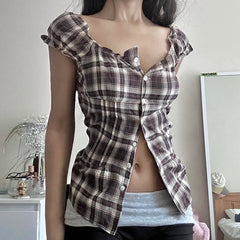 Rockmoer Tartan Plaid Sweet Slim Blouse