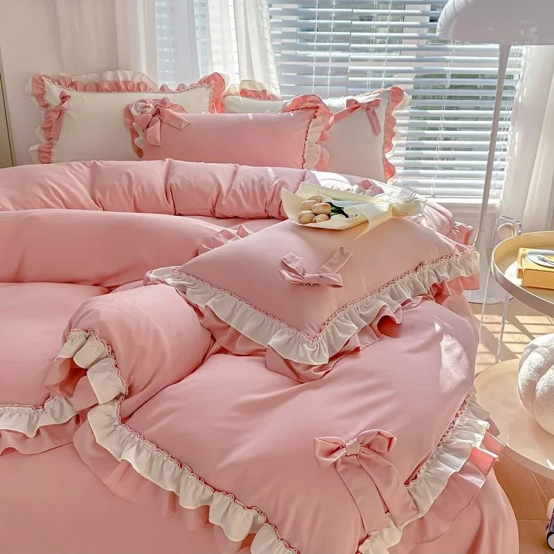 Green Princess Bedding Set Double Layer Lace Bow Quilt Cover Sheet