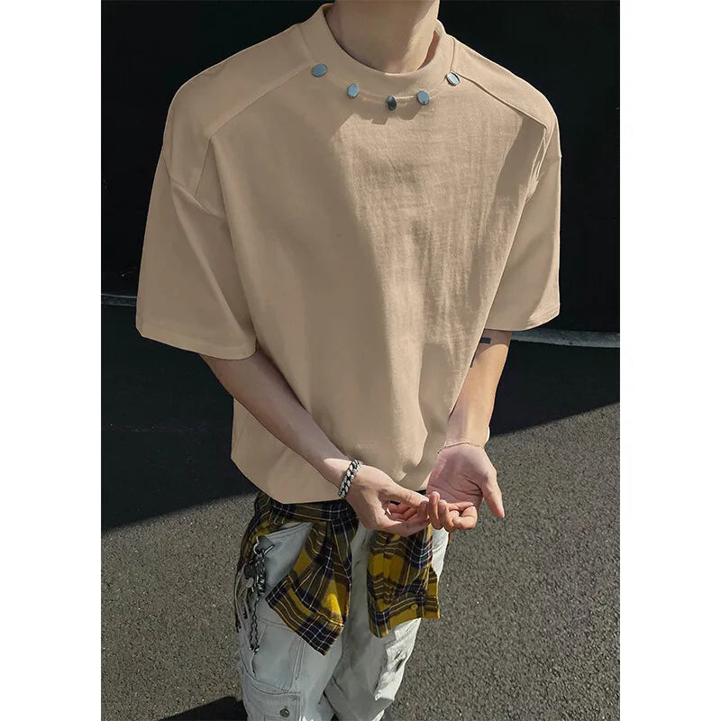 Tshirt Slim Fit Solid Color Round Neck t Shirt Button trim Casual Tee Shirt Lightweight Breathable Cotton Top