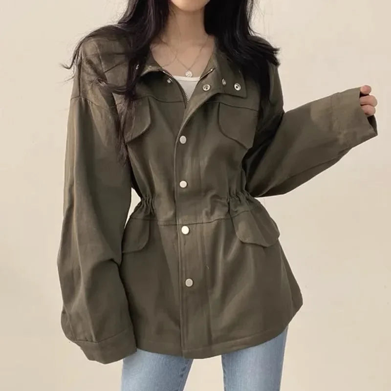 Retro Korean Chic Utility Jacket Waist Cinching Drawstring Slimming Coat Fake Pocket Design Elegant Style