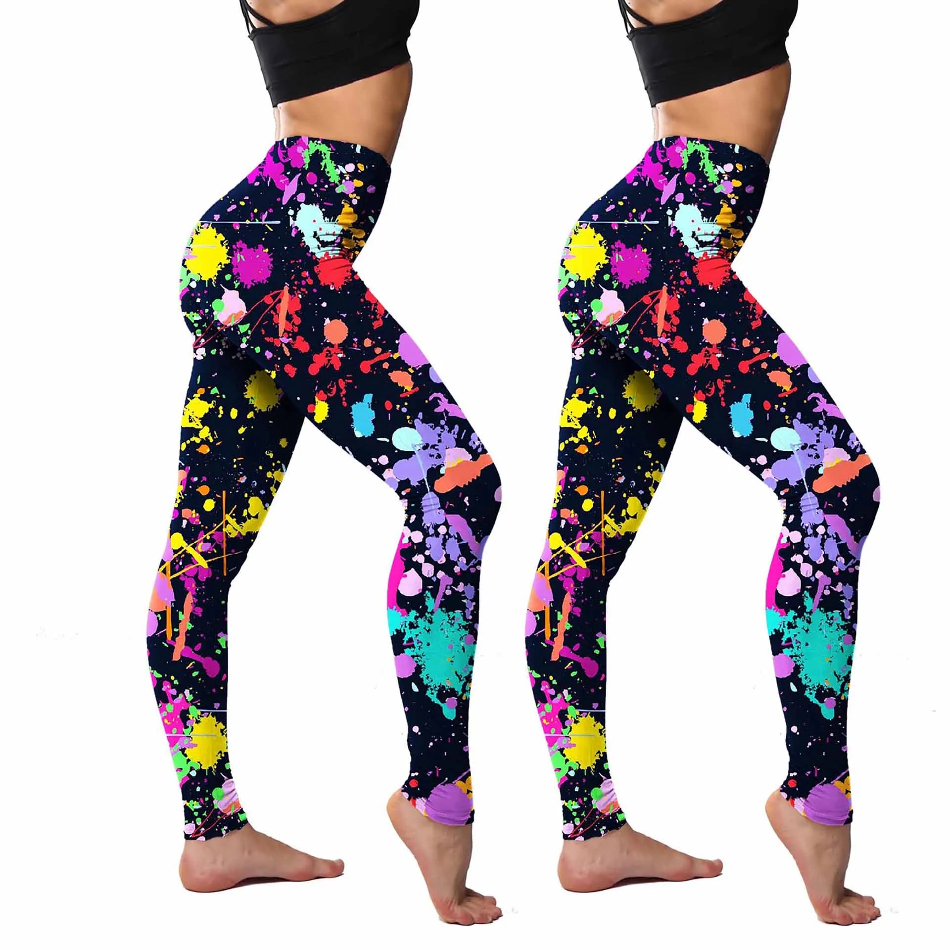 2Pack Stretchy Colorful Printing Leggings Elastic Tight Cropped Pants