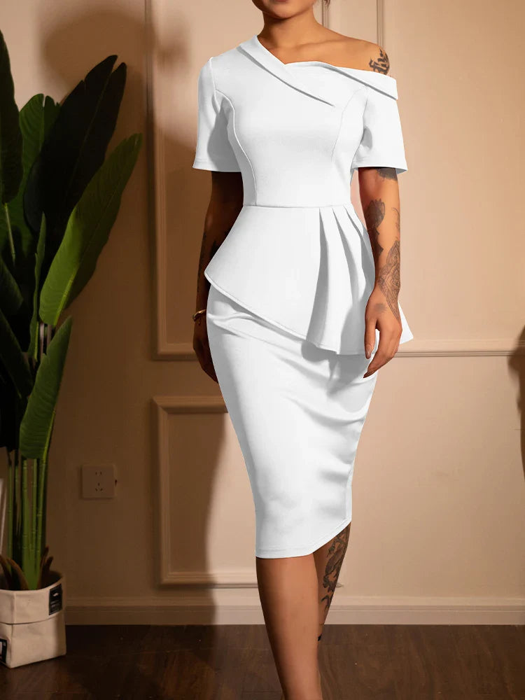 Off Shoulder Dress Elegant Asymmetric Neckline Bodycon Dressable Party Cocktail MIDI Dresses