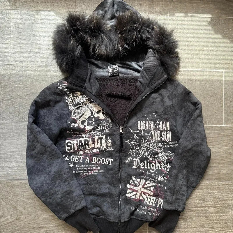 American Skull Print Hoodie Y2K Vintage Rock Hip Hop Gothic Casual Joker Plus Velvet Padded Sweater