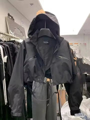 Short Hooded Jacket Black Loose Motorcycle Coats Street Windbreak Short Basic Coat