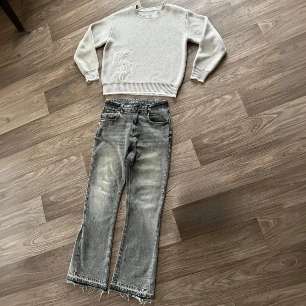 Y2K Retro Gothic Dollar Pattern Embroidered Patchwork Jeans