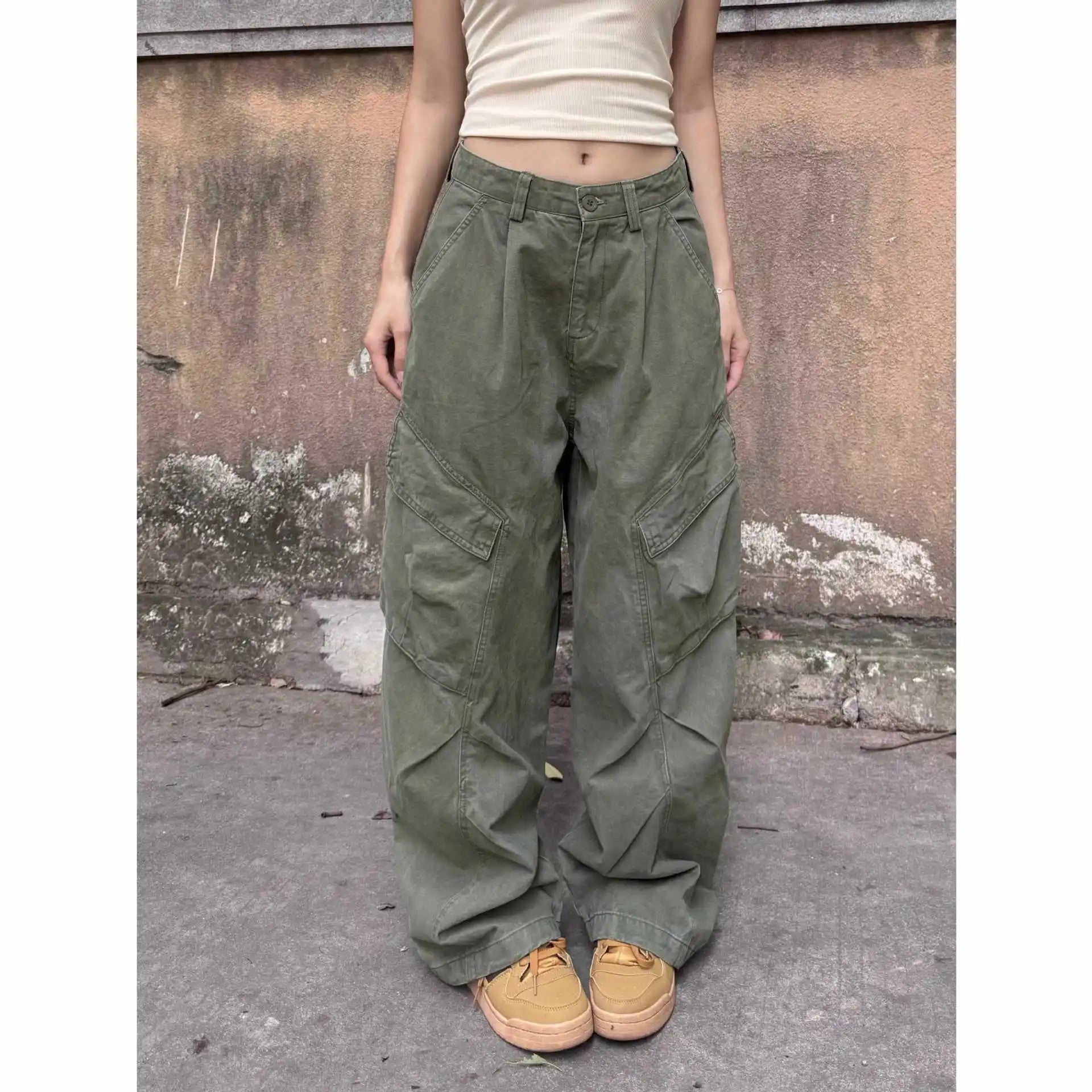 Washed Cotton Cargo Pants Loose Wide Leg Street Dance Long Trousers Multi Pocket Workwear High Waist Casual Pants