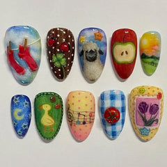 24pcs Cute Cartoon Fake Nail Tips Oil Painting Series Printed Almond Press On Nail Sweet Cool Charming False Nail