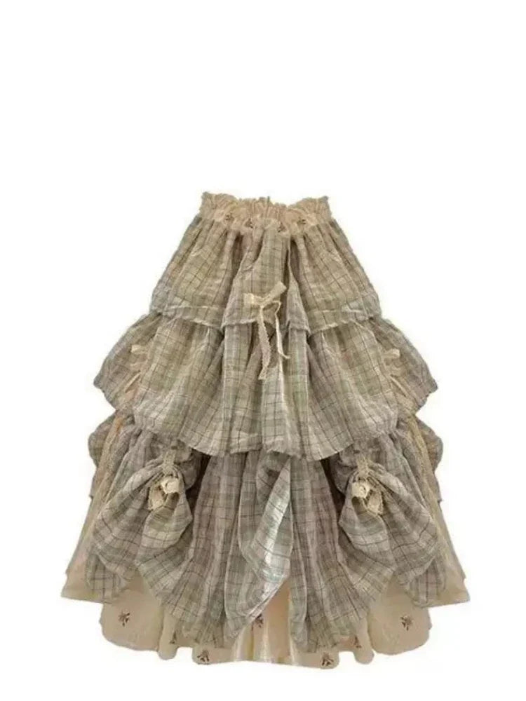 Korean Sweet Fit Chic Plaid Patchwork Skirt Vintage Bow Print Fluffy Skirts Harajuku Y2k Lovely Clothes Spring