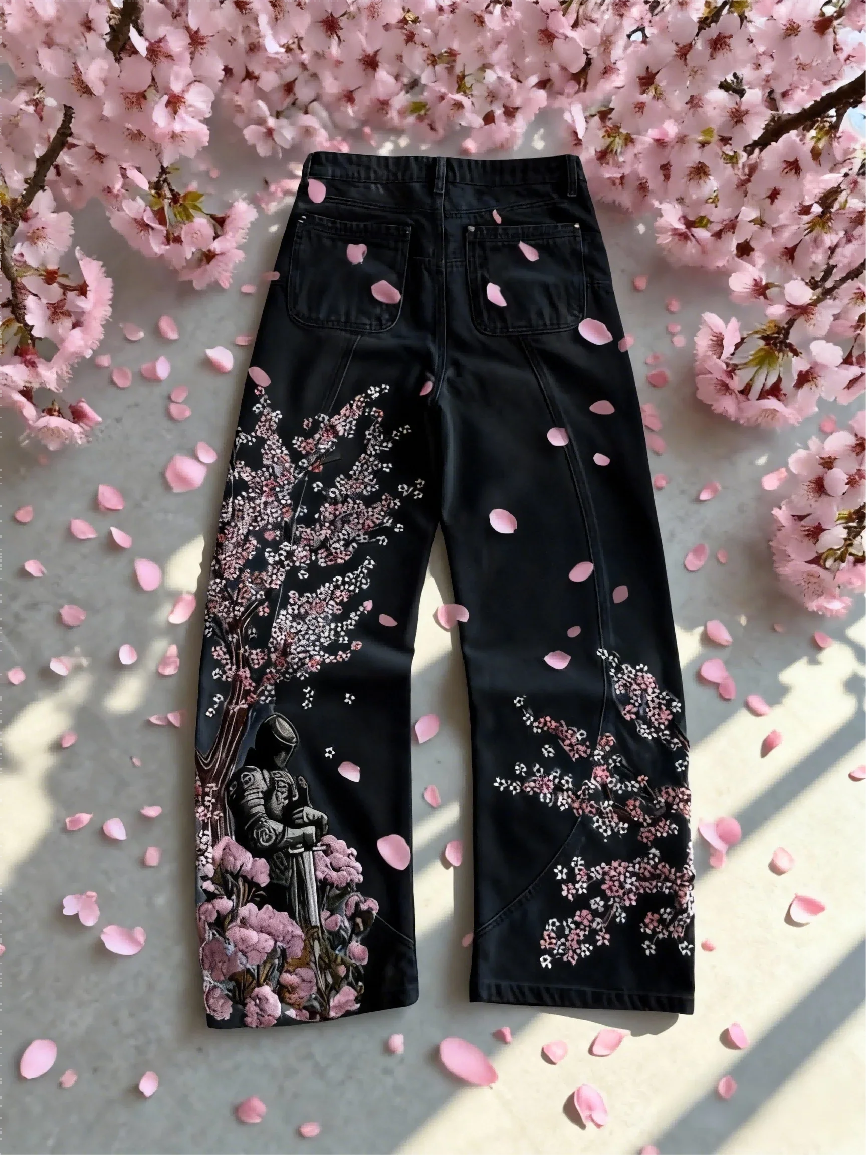 American Retro Patchwork Knight Cherry Blossom Denim Pants Y2k Vintage Baggy Straight Wide Leg Jeans Street Clothes