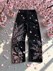 American Retro Patchwork Knight Cherry Blossom Denim Pants Y2k Vintage Baggy Straight Wide Leg Jeans Street Clothes