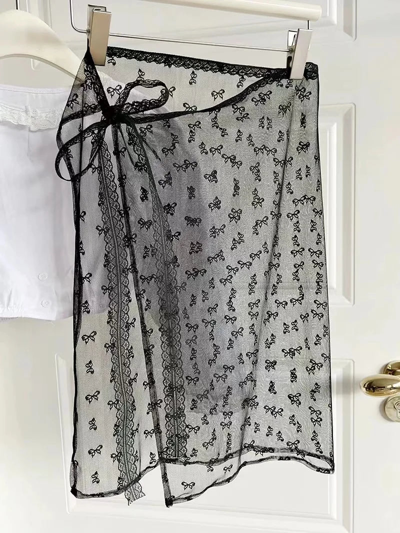 Korean Lace Irregular Skirt Curtain White Flowers Lace Mesh Halfbody Skirt Bottoms Jeans Decorative Hemline