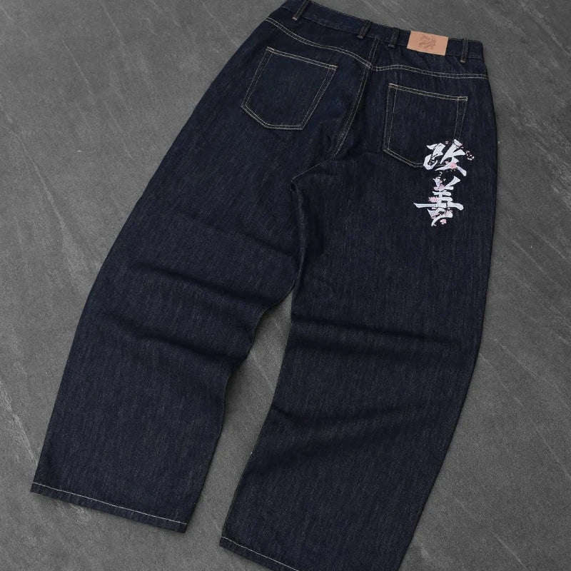 Raw baggy jeans Y2K retro art font embroidery black jeans Harajuku hip hop unisex woven washed patchwork wide leg pants