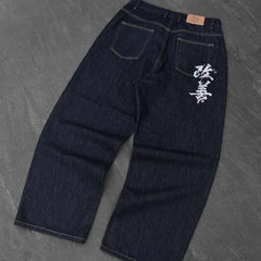 Raw baggy jeans Y2K retro art font embroidery black jeans Harajuku hip hop unisex woven washed patchwork wide leg pants