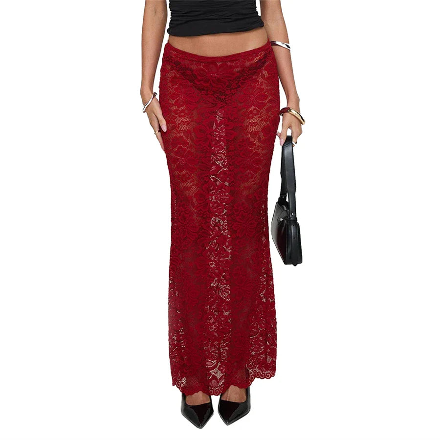 Sheer Lace Floral Long Skirt See-Through Low Rise Wrap Bodycon Skirts